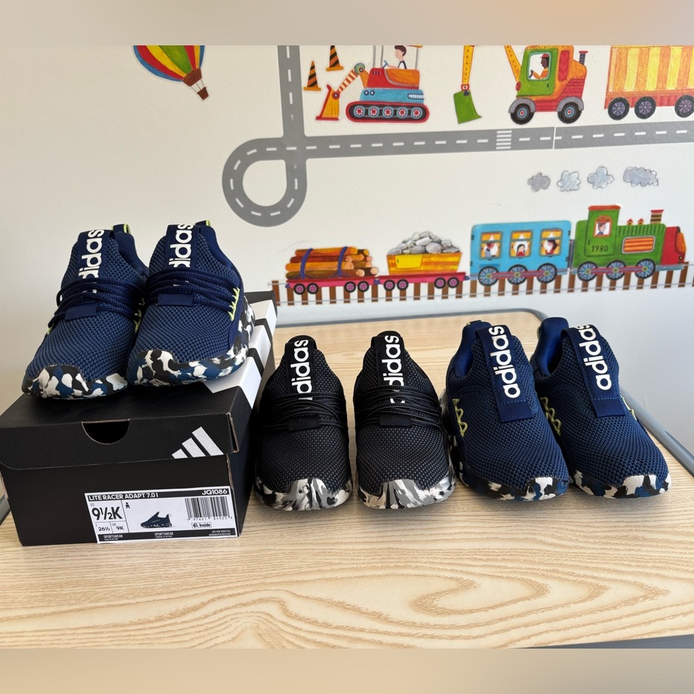 Adidas Lite Racer Adapt 7 sneaker toddler 9.5 sz three pairs blue & blk preowned